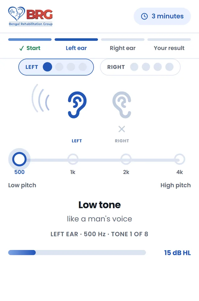 The hearing test running on a phone: the left ear is highlighted, a 500 Hz low tone is playing, and the screen reads tone 1 of 8.
